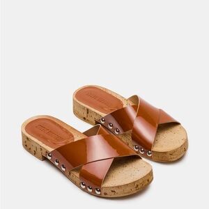 Steve Madden Cantlay Camel Patent Cork Slide Sandals